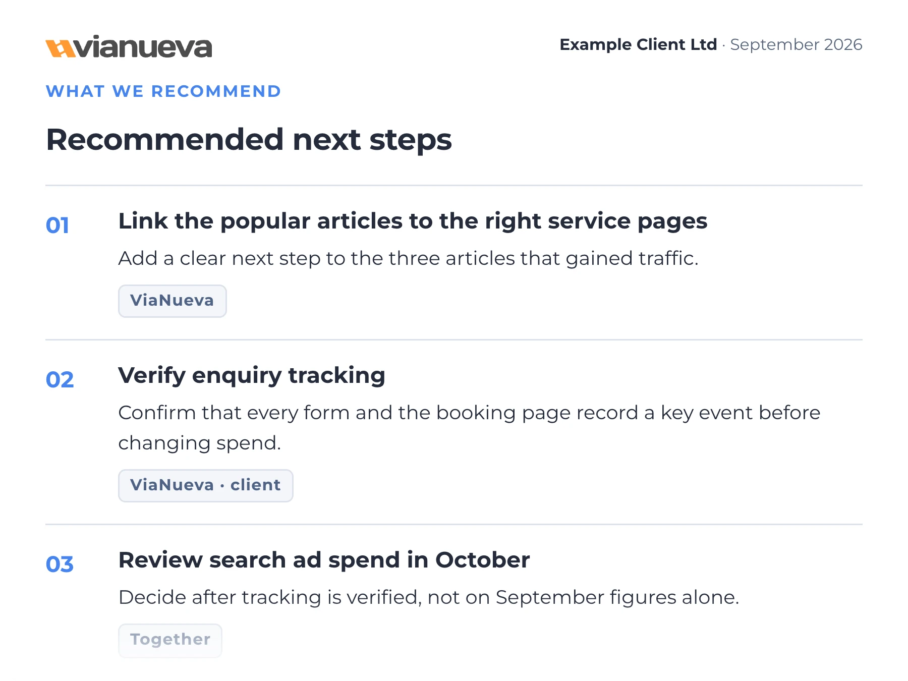 Report excerpt recommending links from articles to service pages, verification of enquiry tracking and a review of search advertising spend.