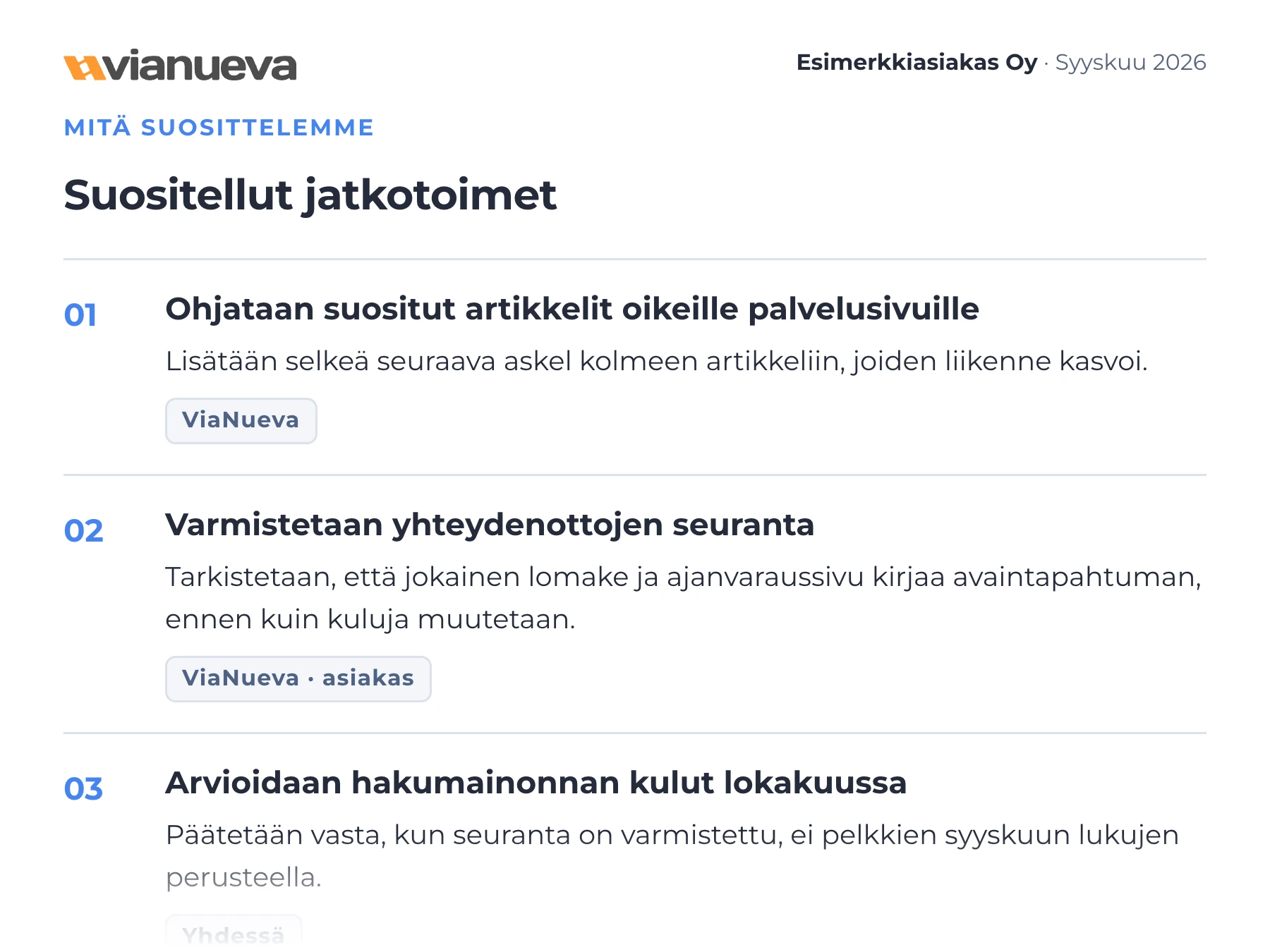 Raporttiote, jossa suositellaan linkkejä artikkeleista palvelusivuille, yhteydenottojen seurannan tarkistamista ja hakumainonnan kulujen arviointia.